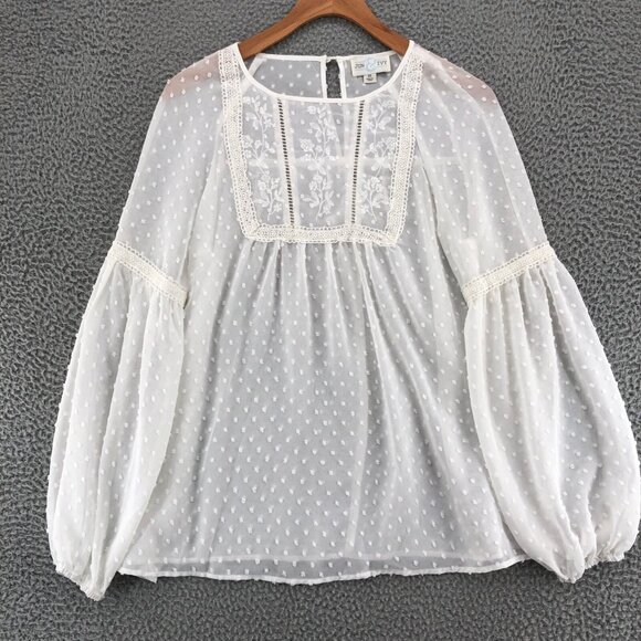 Jun & Ivy Top Womens Extra Small Ivory Floral Lace Swiss Dot Long Balloon Sleeve - Picture 1 of 8